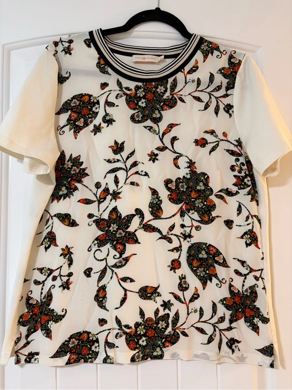 Tory Burch White Short-Sleeve Floral Print Tee with Striped Neck